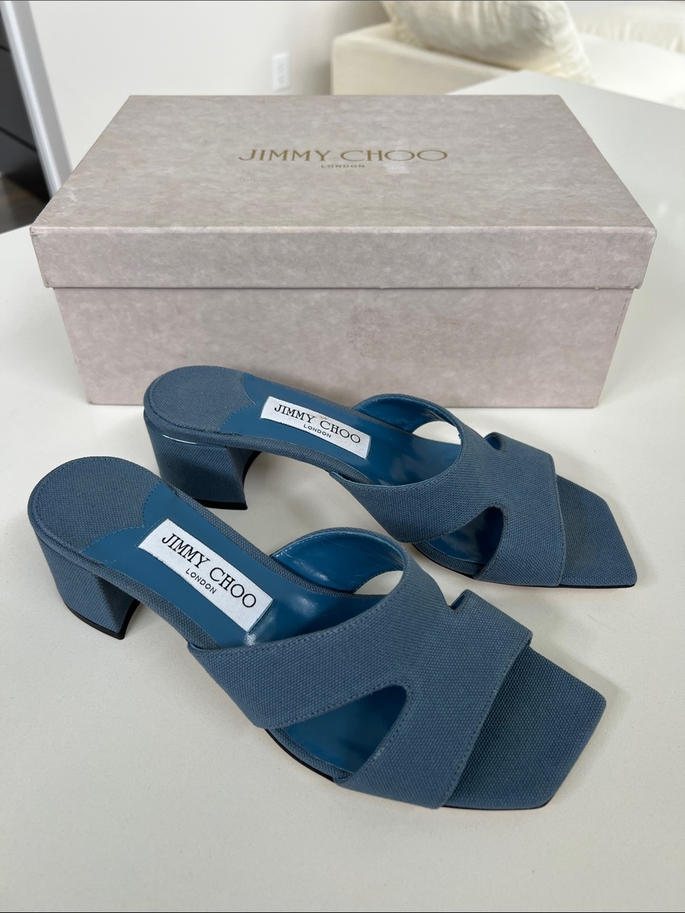 Jimmy Choo ellison mule 45 open toe sandals small heels denim blue color linen